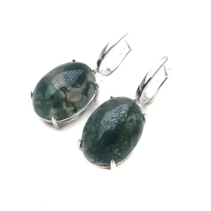 Boucles d'Oreilles en Agate Mousse Naturelle pour Femme, Argent Massif 925, Pierre Précieuse Indienne, 13x18mm, Dimensions de Mariage, Cadeau de ix
