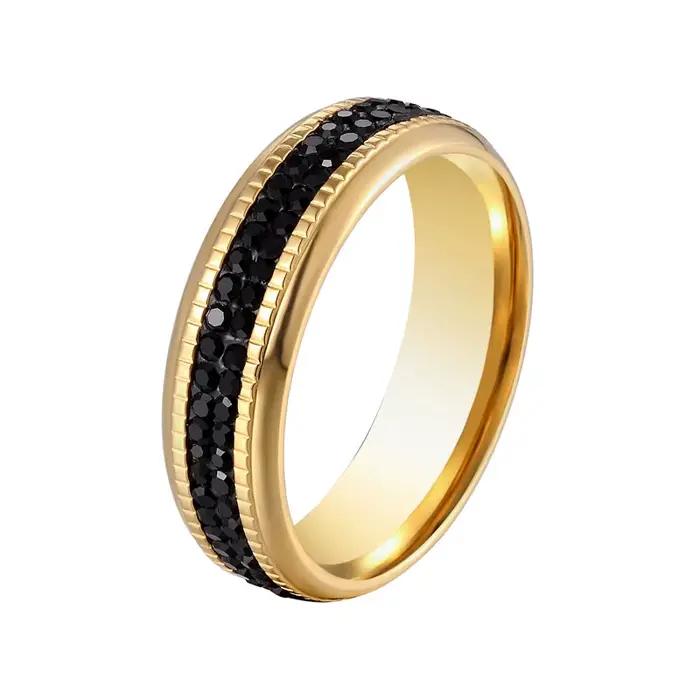 Bague en Zircon noir Double cercle moyen, en acier inoxydable de haute qualité, marque d'amour, couleur or, bijoux pour femmes, vente en gros