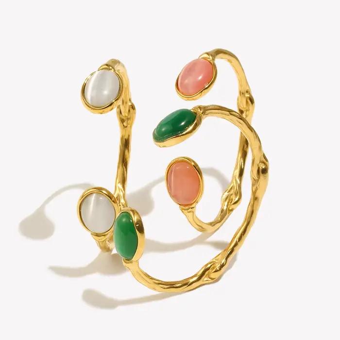 E.B.belle – Bracelet ovale en pierre naturelle, ouvert, irrégulier, en cristal d'agate verte, plaqué or 18 carats, en acier inoxydable, pour femmes