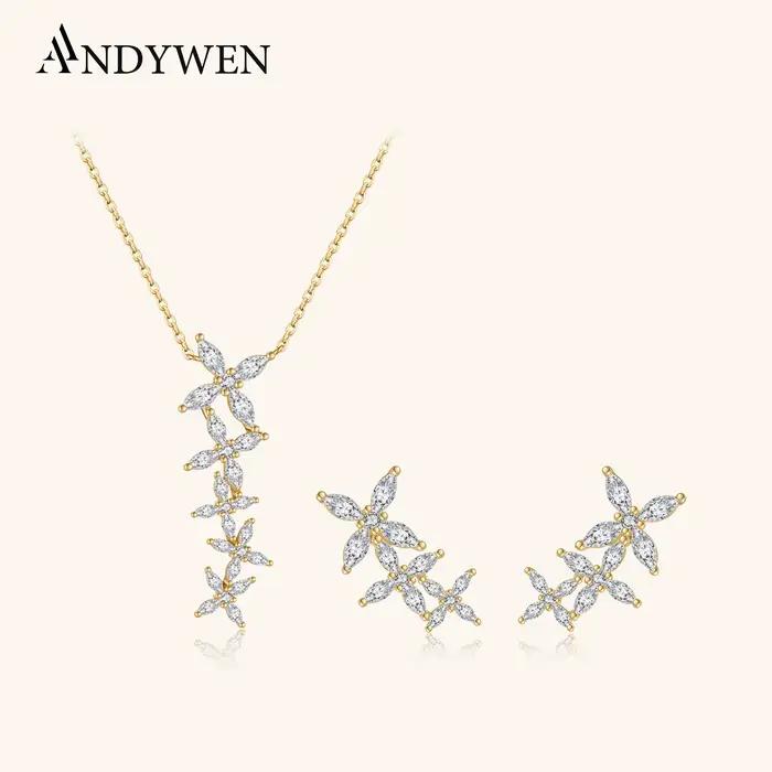 ANDYWEN femmes 925 argent plaqué or fleur CZ Zircon boucles d'oreilles collier de luxe chaîne Fine ensemble de bijoux cadeau de fête de mariage