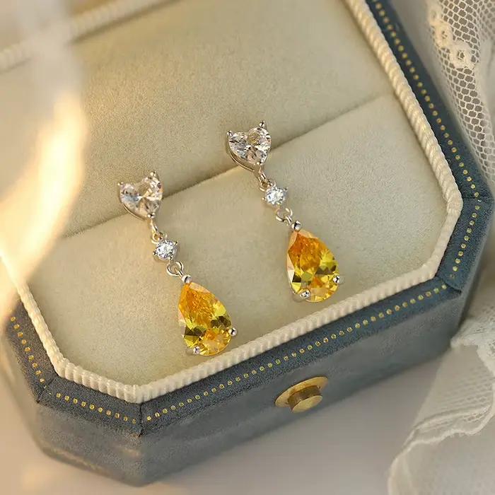 Boucles d'oreilles en topaze en forme de cœur en argent véritable S925, design de niche, pendentif en forme de goutte, bijoux de tempérament polyvalents