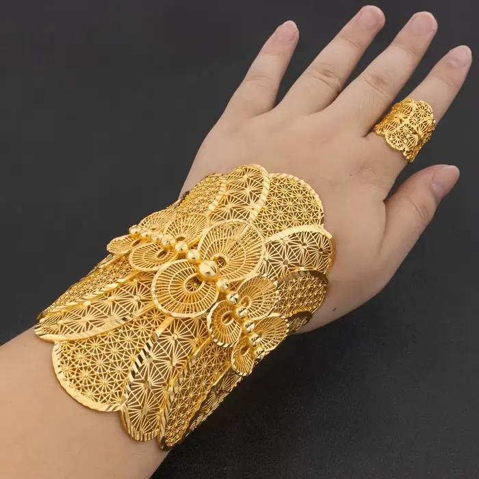 Ensemble de bijoux de luxe arabe plaqué or pour femmes, grand Bracelet en cuivre, Design de bague réglable, bijoux de mariage à la mode