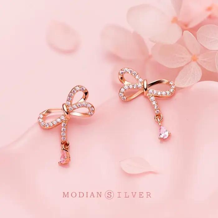 Modian – boucles d'oreilles élégantes à nœud papillon pour femmes, cristal Rose, couleur or Rose, accessoires de bijoux en argent Sterling 925