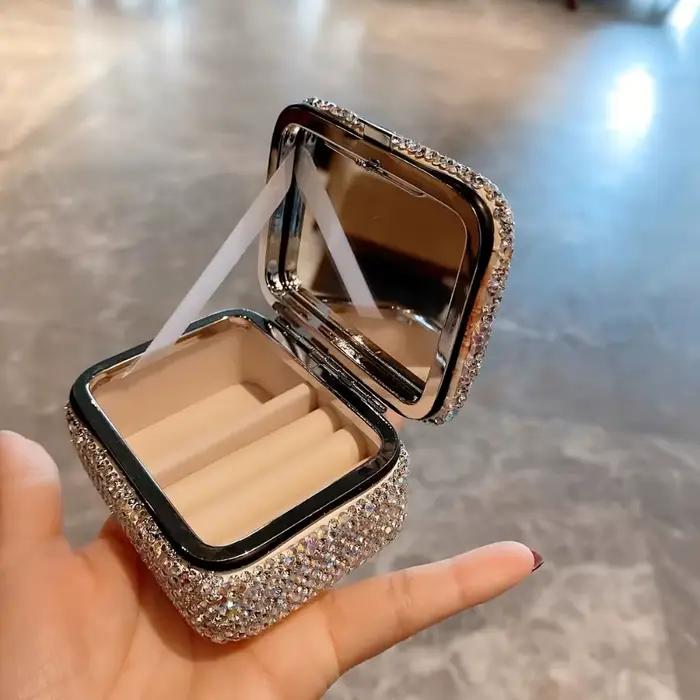 Mini boîte à bijoux scintillante avec miroir, mallette de rangement de colliers de luxe créative, boîte à bijoux carrée en strass et diamant, Dressing