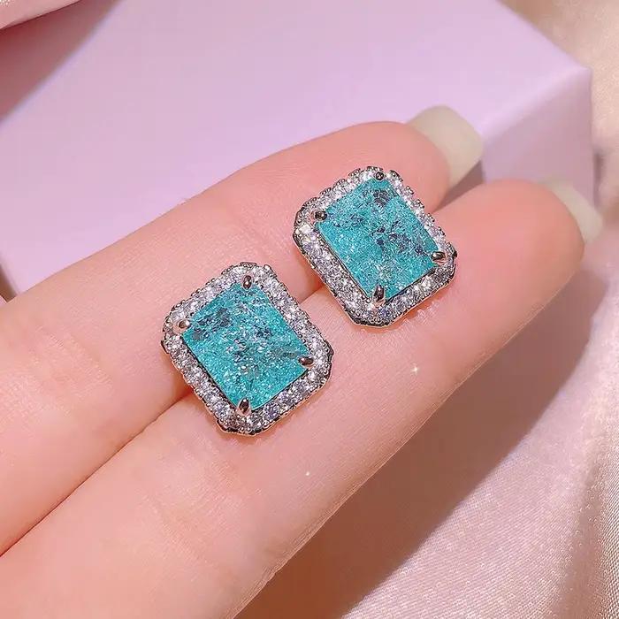 Ensemble de trois bijoux en argent 925 pour femmes, pendentif carré Paraiba émeraude, collier, boucles d'oreilles, bague réglable, bijoux de fête
