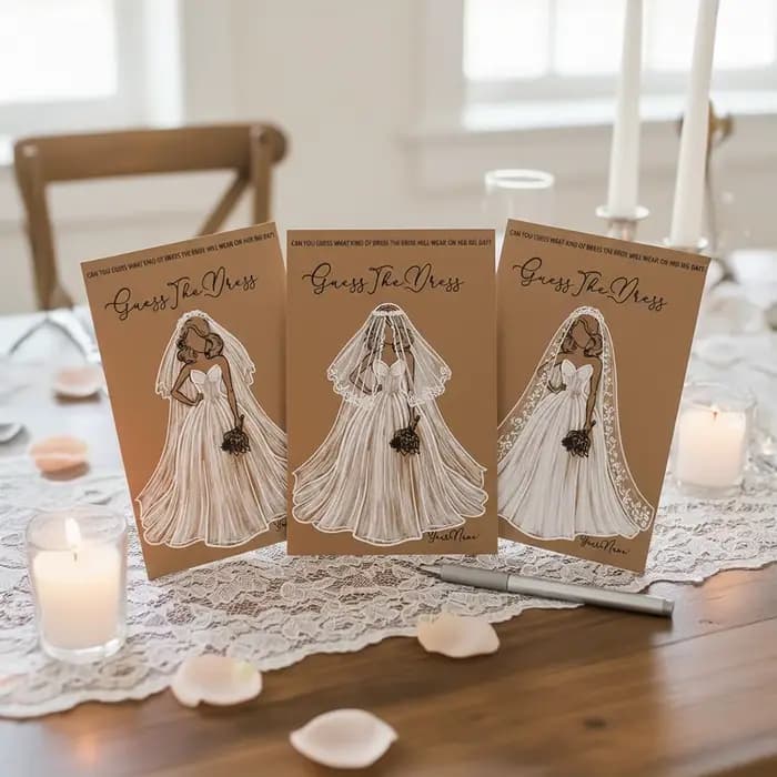 20 cartes de jeu 'Devinez la robe' avec stylos pour enterrement de vie de jeune fille
