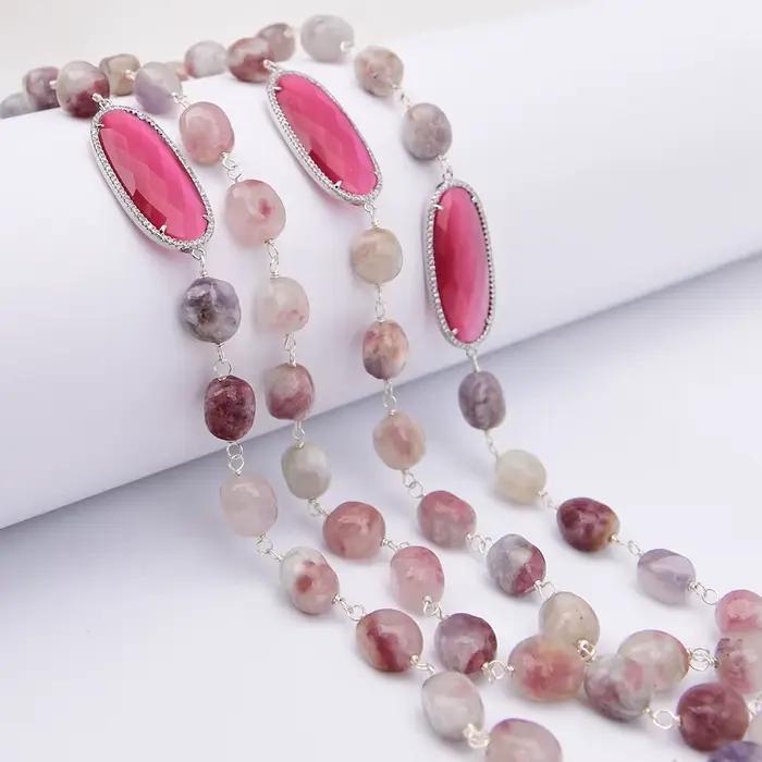 Collier G-G à 2 rangs de bijoux, 2 rangs de tourmaline rose naturelle, connecteur œil de chat rouge rosé, 38''