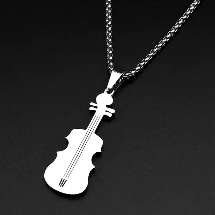 Collier Pendentif Violon Entièrement Orné de Strass pour Femme et Homme, en Acier Inoxydable Doré, Bijou Tendance pour Amateurs de Musique Classique, Cadeau
