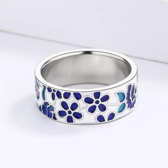 Bague en émail bleu pour femmes, nouvelle collection exquise, fleur, bijoux en émail faits à la main, bague de mariée de mariage