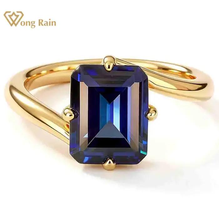 Wong Rain – bague Vintage en argent Sterling 100% 925, saphir de laboratoire à coupe émeraude, diamants à haute teneur en carbone, bijoux fins pour mariage et fiançailles