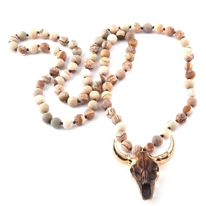 Collier pendentif en corne nouée pour femme, bijoux bohèmes, pierre d'amlogging, collier de perles, mode