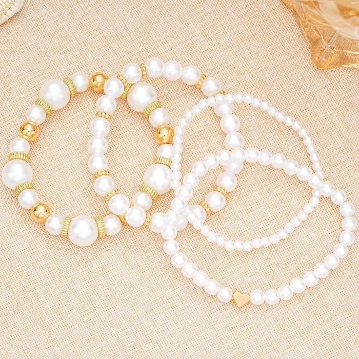 Ensemble de bracelets en perles artificielles simples pour femmes, style bohémien, couleur or, cœur, breloques, chaîne, bijoux à la mode pour filles, 4 pièces