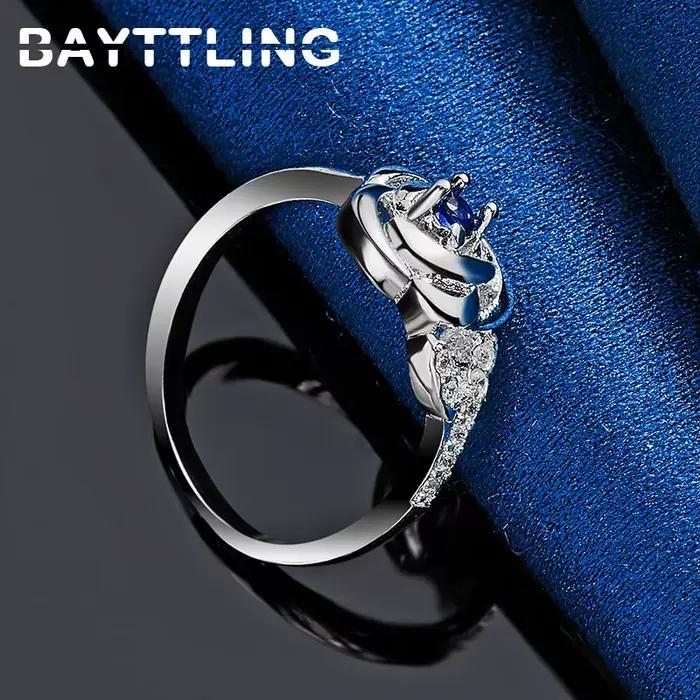 Bague en argent Sterling 925 pour femmes, fleur de Rose, beau charme, Zircon bleu, cadeaux de fiançailles, accessoires bijoux, nouvelle collection