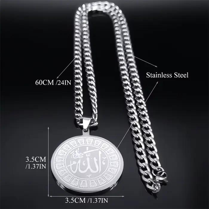 Collier Hip Hop en Acier Inoxydable pour Homme et Femme, Bijou Musulman Islamique, avec Dieu Arabe, Document Argenté, Rond, pour la raq, N2933S03