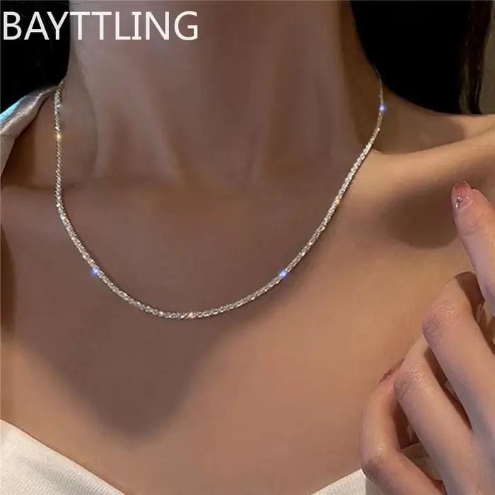 Collier en argent Sterling S925 authentique, clavicule brillante de 2mm, chaîne de pull, bijoux à breloques haut de gamme, cadeau pour femmes
