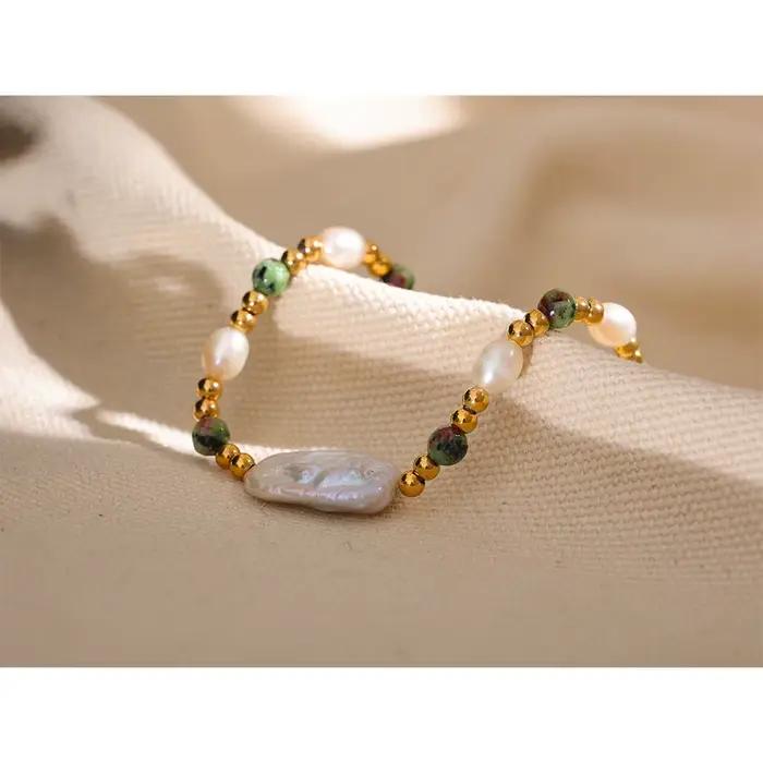 Yhpup luxe Baroque naturel Epidote pierre perles d'eau douce à la main en acier inoxydable perles Bracelet Bracelet PVD bijoux femmes