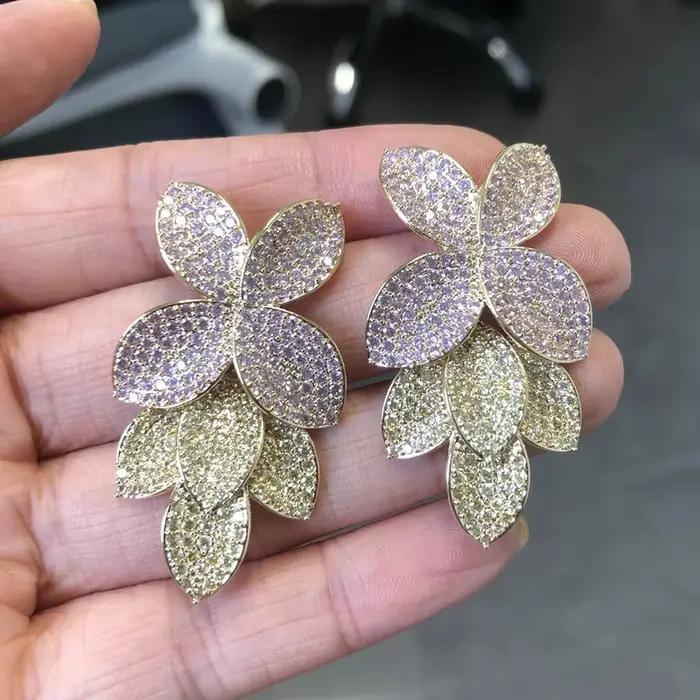 Bilincolor-Boucle d'oreille de luxe pour femme, grosse boucle d'oreille fleur violette et rouge, cuir chevelu vert