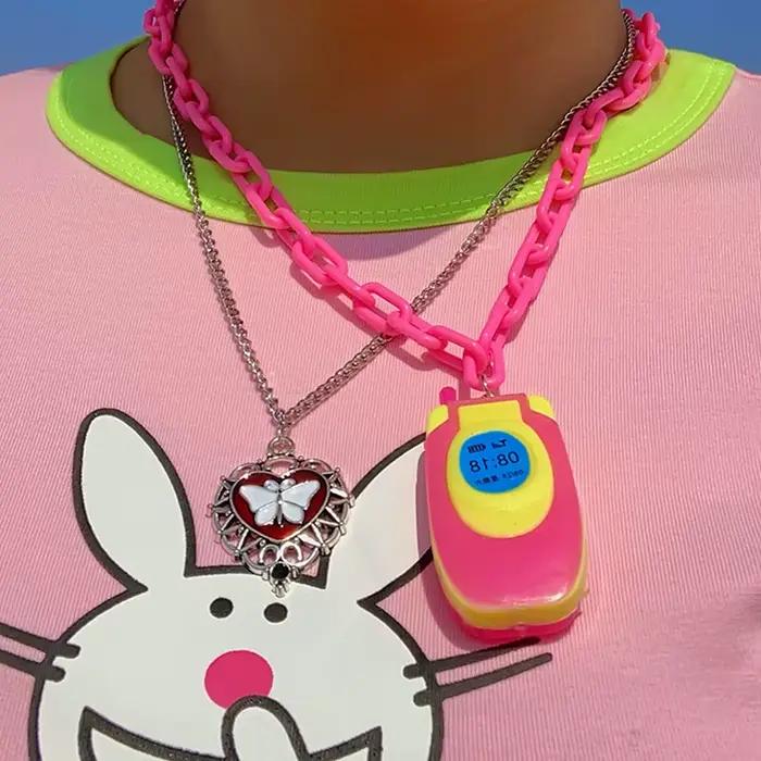 Kawaii fille rose Mini téléphone collier mode coréenne dessin animé Harajuku pendentif collier pour femmes Y2K bijoux 2000s accessoires