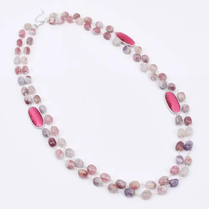 Collier G-G à 2 rangs de bijoux, 2 rangs de tourmaline rose naturelle, connecteur œil de chat rouge rosé, 38''
