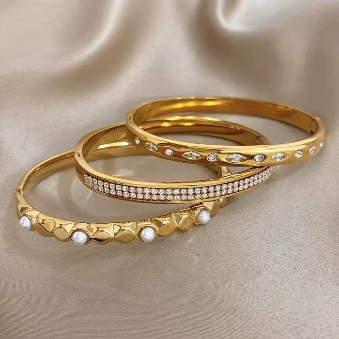 Greatera – Bracelet ovale en strass doré, à la mode, deux rangées de diamants incrustés de perles en acier inoxydable pour femmes, nouveau