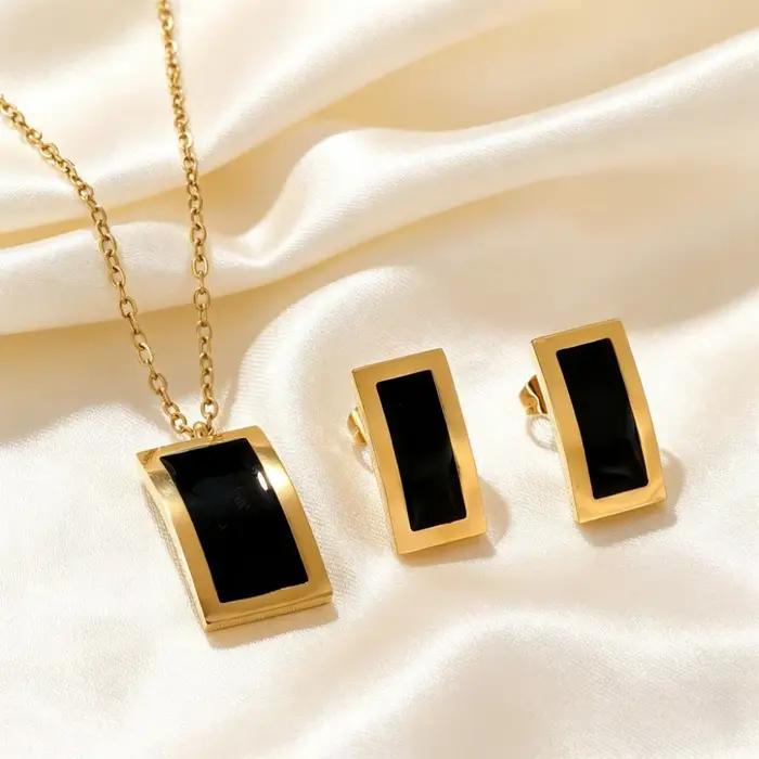 Parures de bijoux tendance en acier inoxydable pour femme, collier et boucles d'oreilles géométriques en coquille noire, bijoux étanches, cadeau