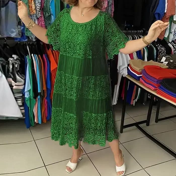 Robe longue brodée rétro à manches courtes pour femmes, col ras du cou, robe élégante pour dames, monochromatique, robe de soirée club, dentelle de bureau, mode 2024