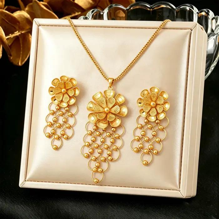Bijoux en acier inoxydable pour femme, bijoux en or 24 carats de Dubaï, ensemble collier et boucles d'oreilles, hypoallergénique, imperméable, cadeaux de mariage pour femmes