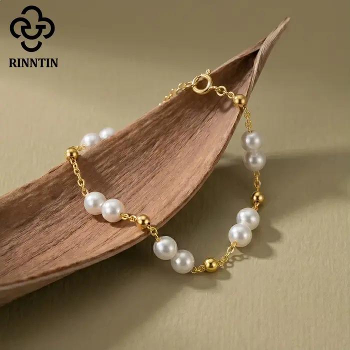 Bracelet chaîne de perles en or 14 carats et argent sterling 925 Rinntin Rerto, bracelet de perles pour femme, bijoux de fête GPB40
