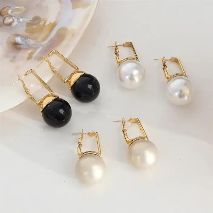 Boucles d'oreilles pendantes en perles noires pour femmes, en acier inoxydable plaqué or, Imitation de perles, bijoux de luxe pour femmes
