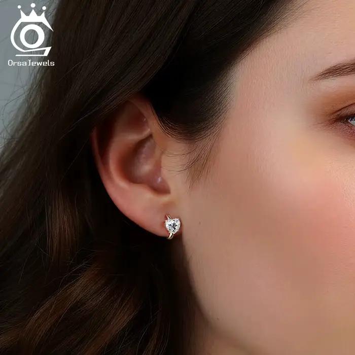ORSA JEWELS Boucles d'oreilles créoles en argent 925 avec moissanite brillante couleur D, motif cœur diamant, bijoux fins MOE21