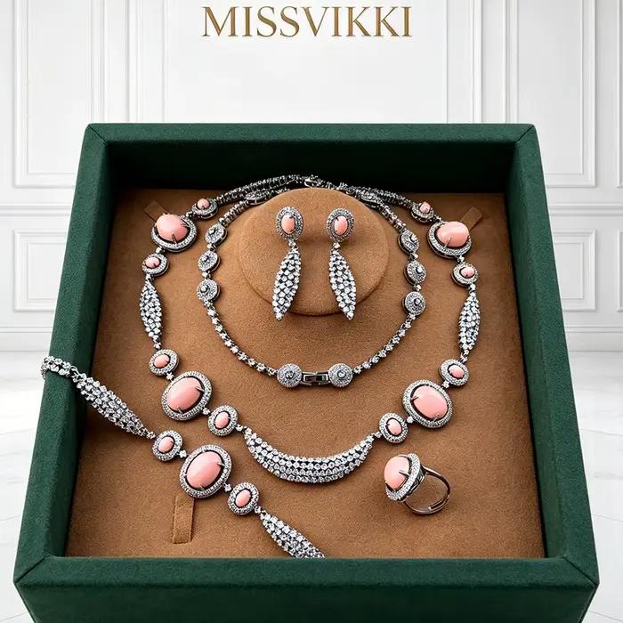 Parures de bijoux de mariage de haute qualité Missvikki, nouveaux ensembles de luxe avec collier long, bracelet, boucles d'oreilles et bague pour femmes