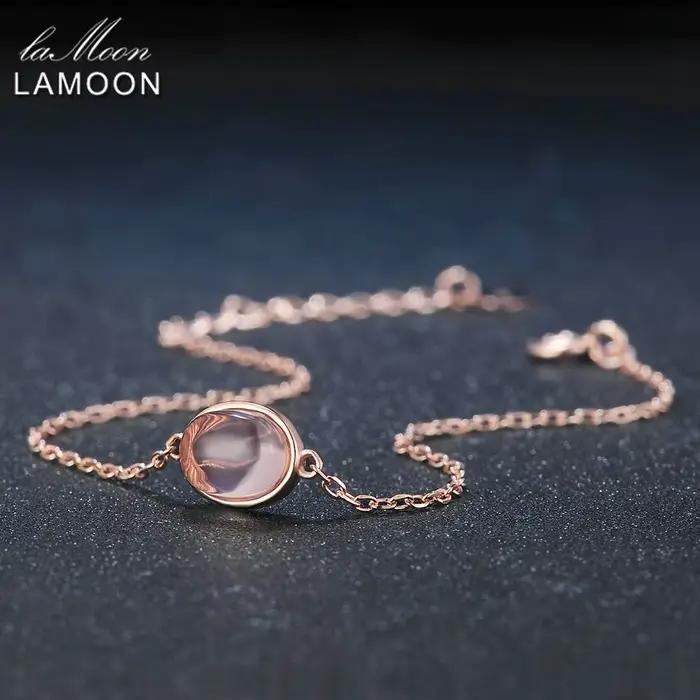 LAMOON-Bracelet Quartz Rose pour Femme, Pierre Précieuse, Argent 925, Plaqué Or Rose 18K, Bijoux Fins, Style Simple, LMHI023