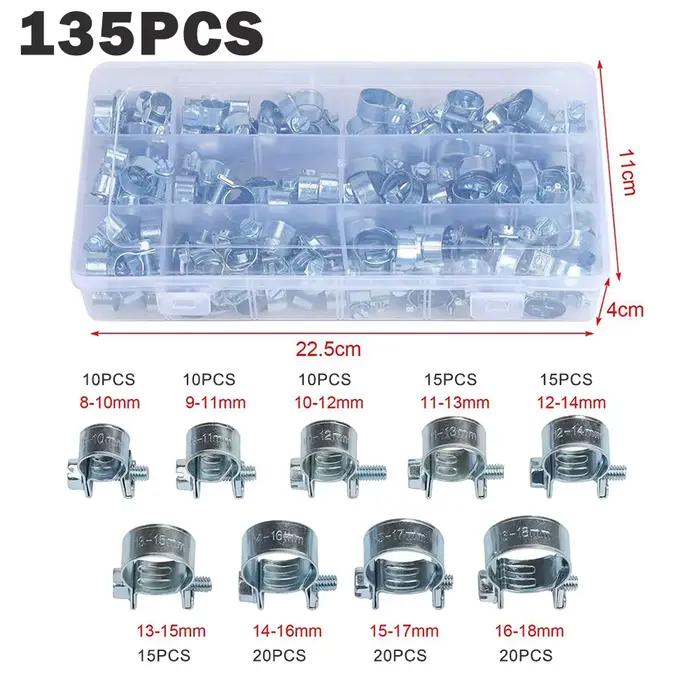 60/135 pièces collier de serrage collier de serrage tuyau d'eau colliers de serrage de carburant attaches pinces collier de serrage colliers de serrage en métal Kit d'assortiment 8-18mm