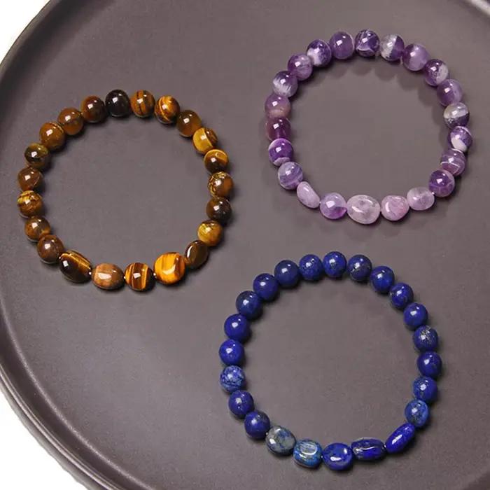Bracelet en pierres naturelles rondes et aléatoires, améthystes en œil de tigre, Lapis Lazuli, perles en cristal rouge, bijoux pour femmes et hommes