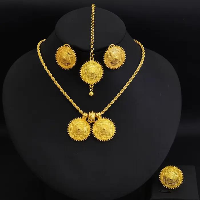 Parures de bijoux éthiopiens : pendentif rond, boucles d'oreilles, bague, chaîne de tête – Ensembles 4 pièces pour mariages africains et érythréens, fiançailles, cadeaux ethniques