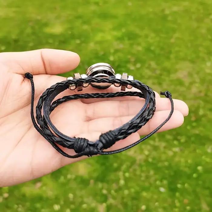 Bracelet en cuir multicouche avec breloque et photo en verre à la main pour hommes et femmes, idéal pour les occasions spéciales et cadeaux personnalisés