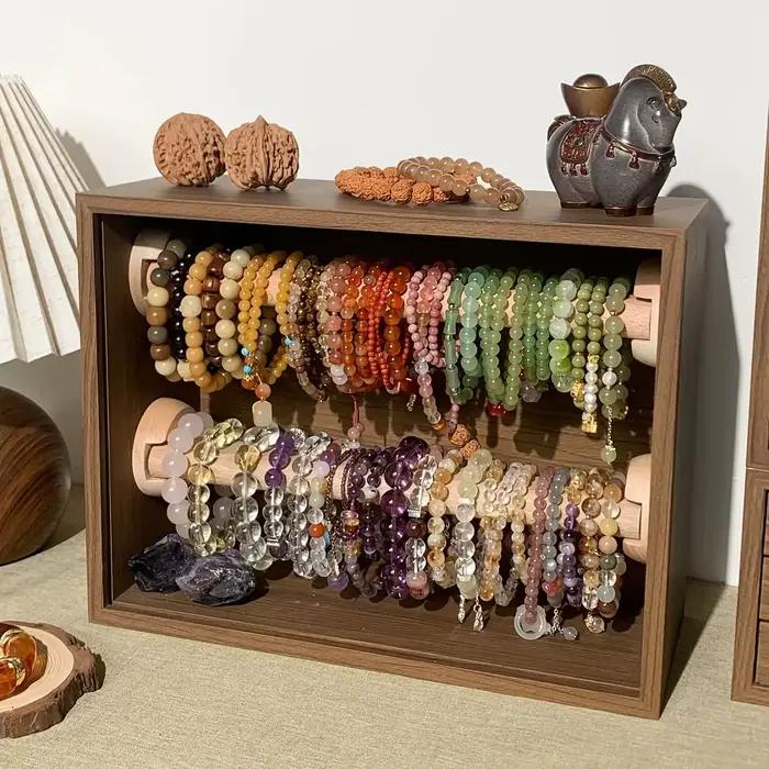 1 pièce : Meuble de rangement rétro double couche en bois massif pour bracelets, présentoir de bureau anti-poussière pour bijoux, bracelets Wenwan et en cristal