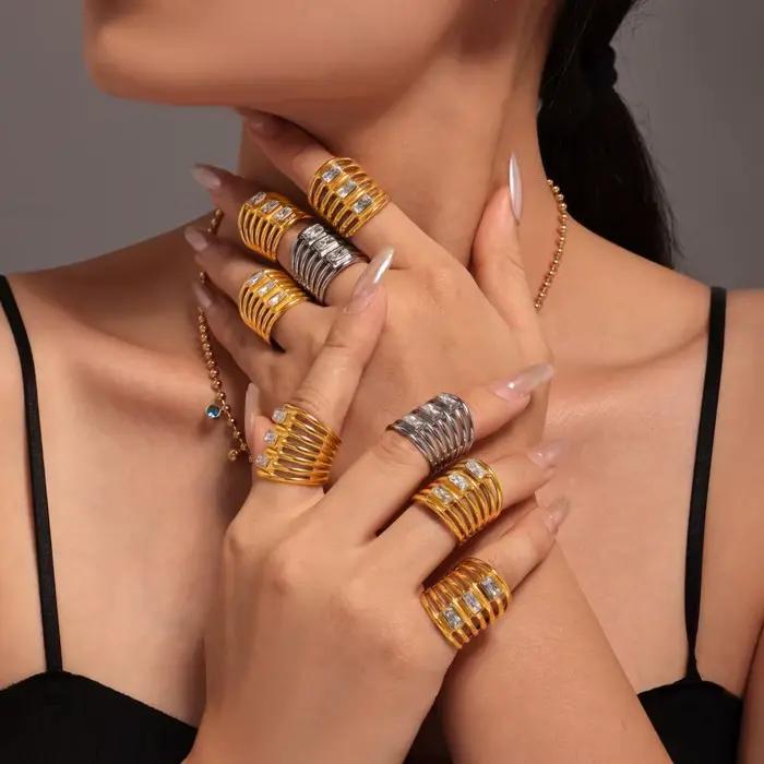 Bague superposée en acier inoxydable 316L pour femmes, plaqué or 18 carats incrusté de Zircon brillant, anneaux larges pour femmes, Style Hiphop Rock