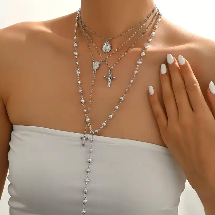 Collier vintage superposé en Y pour femme, imitation perle, croix, médaille Vierge Marie, strass, papillon, bijoux religieux multicolores