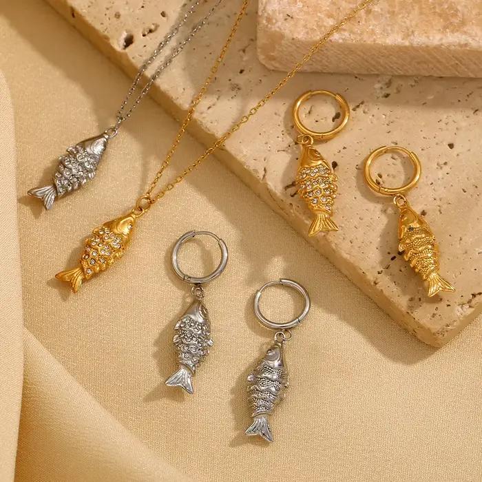 E.B.belle strass Koi poisson collier boucle d'oreille ensemble de bijoux en acier inoxydable mignon mode Animal charme étanche plaqué or 18 carats
