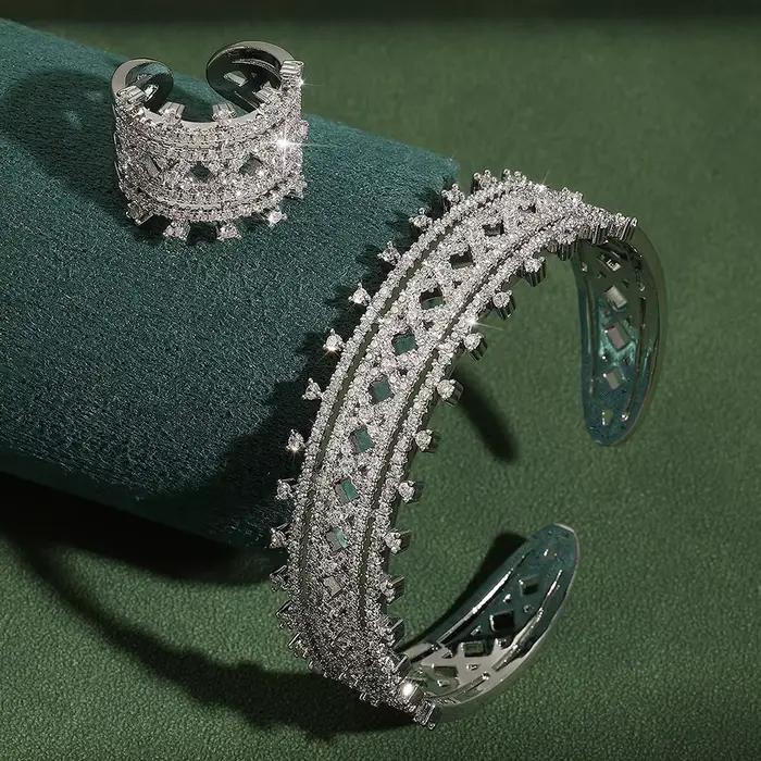 ZAKOL luxe brillant AAA Zircon Bracelet bague ensemble pour les femmes réglable ouvert Bracelet ensembles de bijoux de mariage accessoires de fête