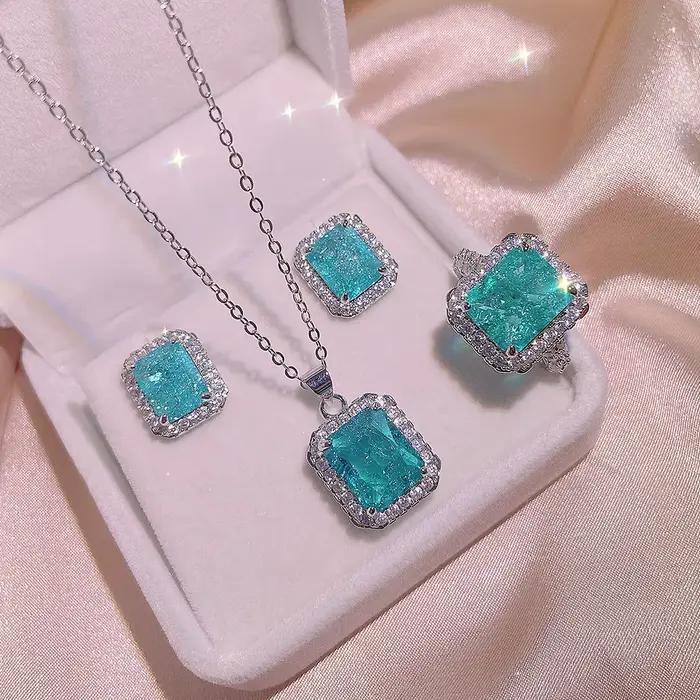 Ensemble de trois bijoux en argent 925 pour femmes, pendentif carré Paraiba émeraude, collier, boucles d'oreilles, bague réglable, bijoux de fête