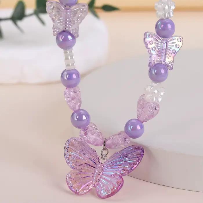 Bracelet princesse pour filles, bijoux en perles, collier papillon de dessin animé, bague, boucles d'oreilles, costume pour enfants