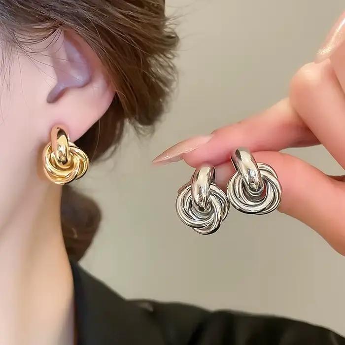 Boucles d'oreilles créoles à nœud en acier inoxydable pour femmes, plaqué or et argent brillant, tendance, bijoux à la mode, cadeaux