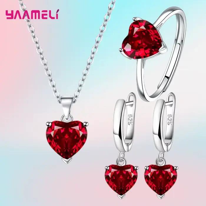 Bijoux fins en argent Sterling 925, coffrets cadeaux pour femmes, cœur romantique, boucles d'oreilles Huggie en Zircon, pendentif, collier, bague