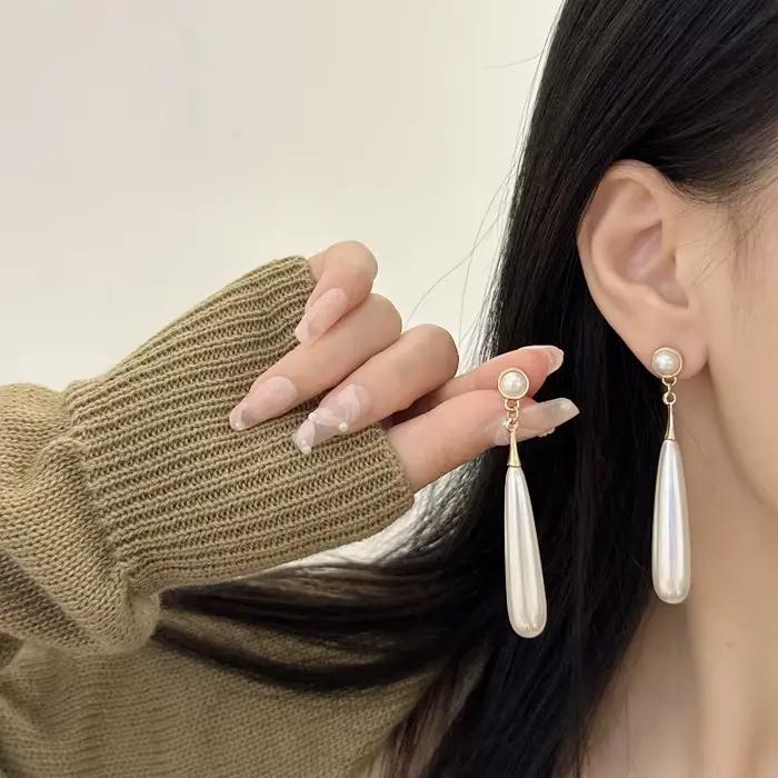 Clips d'oreille en perles de gouttelette d'eau simples pour femmes, boucles d'oreilles à clipser rondes, vintage, long, élégant, non piercing, fête de mariage, géométrie
