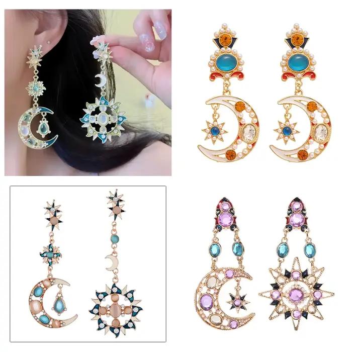 Bohême asymétrique opale soleil lune boucles d'oreilles baroque longue boucle d'oreille pour femme fille mode bijoux femme Streetwear clous d'oreille