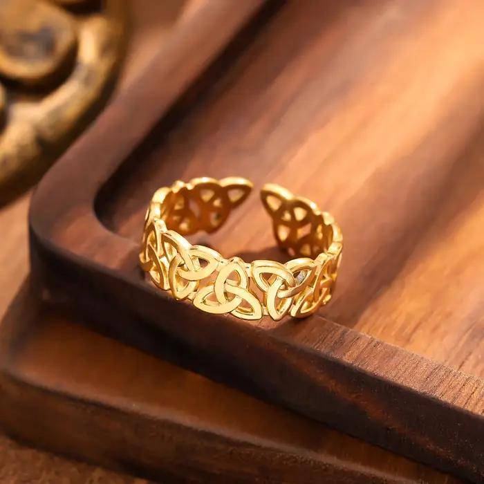Bague en acier inoxydable plaqué or à nœud celtique de luxe léger, métal lourd imperméable et ne se décolore pas, avec bague réglable