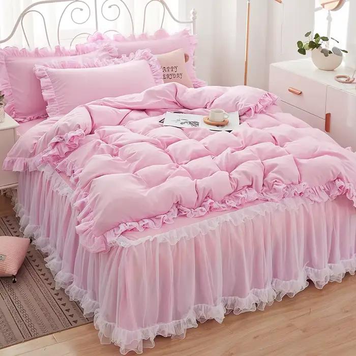 Parure de lit rose avec dentelle pour fille, drap de jupe princesse, couvre-lit pour document solide coréen, taie d'oreiller, décor de chambre à coucher, literie pour couple de mariage