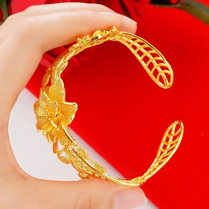 Bracelet fleur creux plaqué or pur pour femme, bracelet plaqué or véritable 24 carats, bijoux de mariée de mariage, 18 carats, 100%